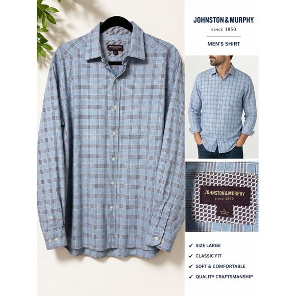 Johnston & Murphy Other - Johnston & Murphy Classic Fit Plaid Button Down Shirt L Large Light Blue Cotton